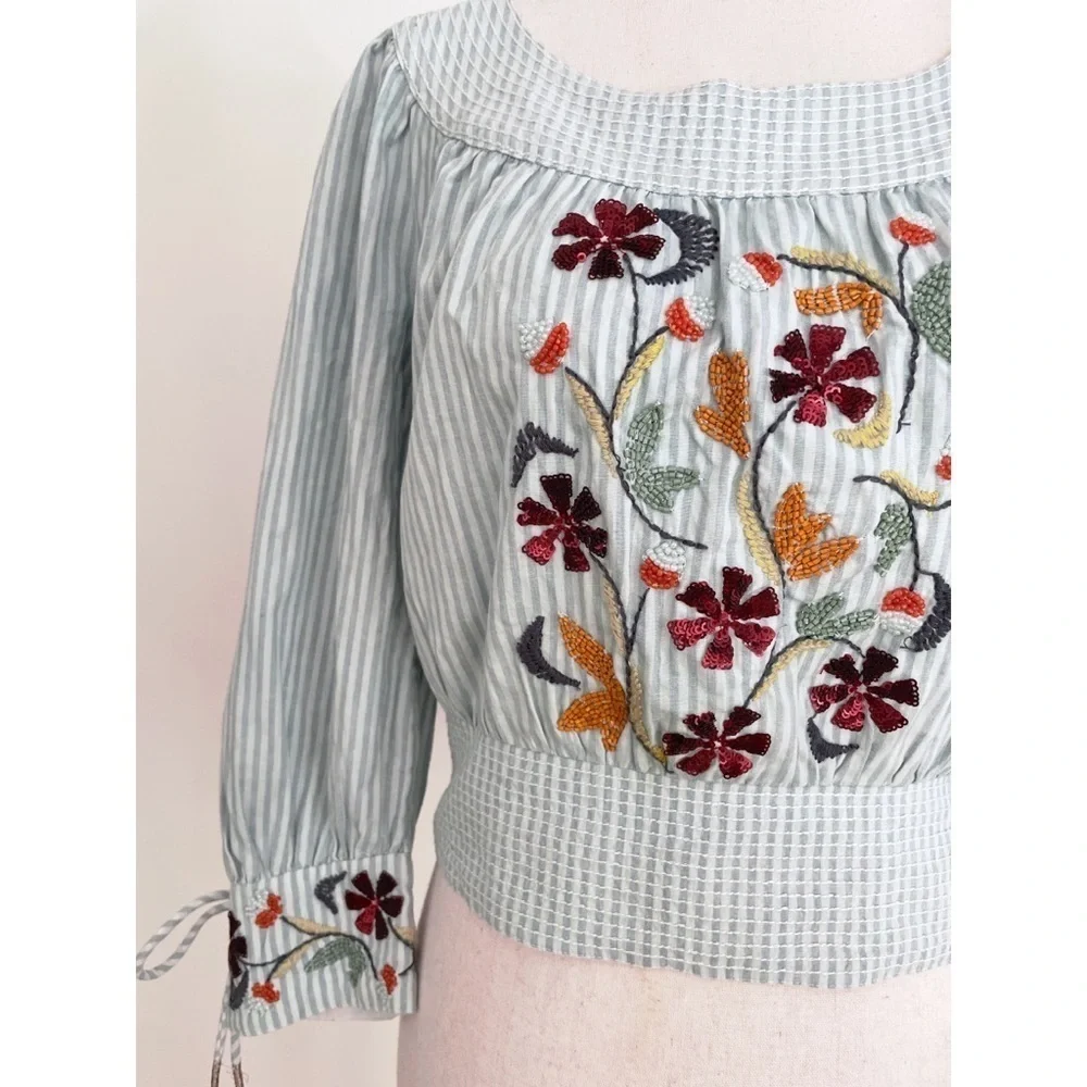 NWT by Anthropologie Pinstriped Beaded Embroidered Floral Puff-Sleeved Blouse XS